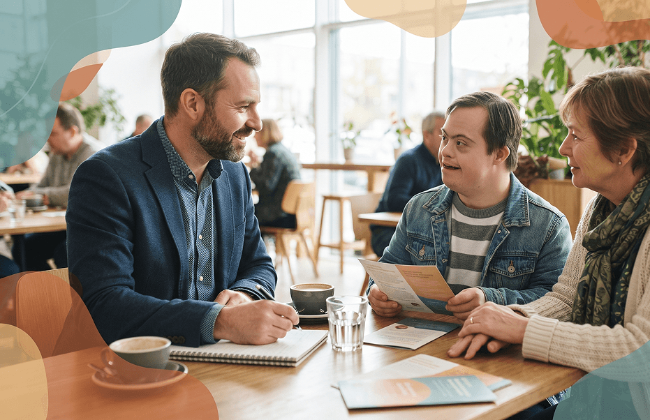 A support coordinator talking with a young man with Down syndrome and his mother over coffee